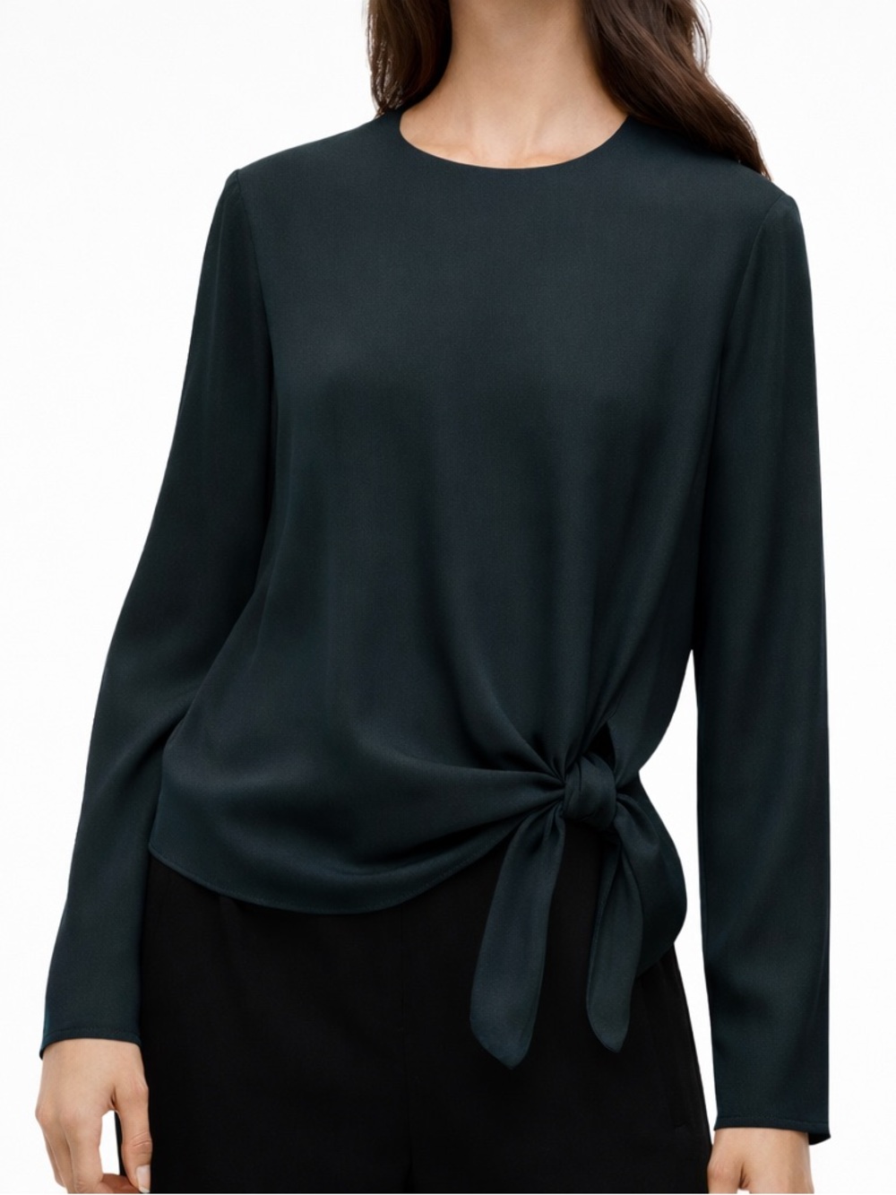 Babaton Tadema Tie-Front Blouse Black Teal Minimalist Draped Asymmetrical Top